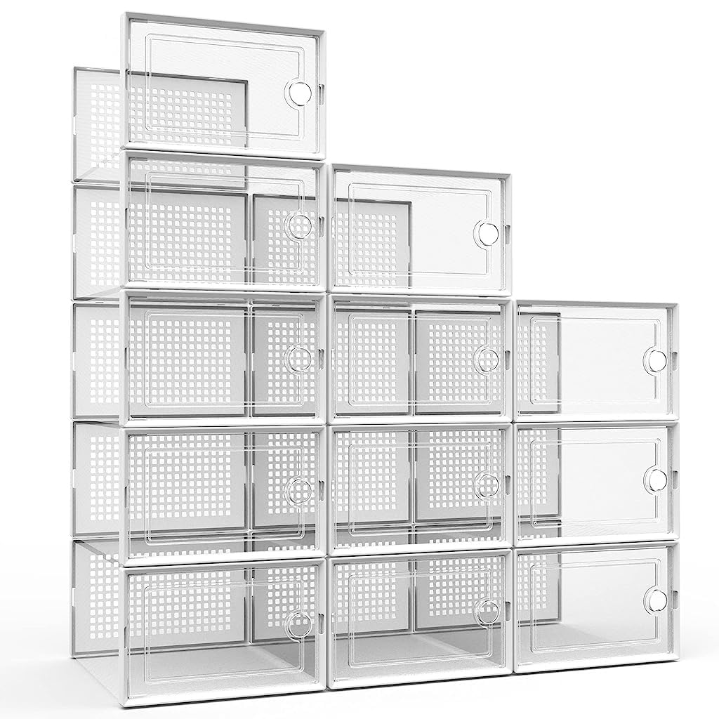 HASTHIP 12 Pack Shoe Box, Large Plastic Shoe Boxes Storage, Fit Size Men's 11, Clear Plastic Stackable Sneaker Containers Bins with Lids, Great Substitute for Shoe Rack, Space Saving (White) HASTHIP 12 Pack Shoe Box, Large Plastic Shoe Boxes Storage, Fit Size Men's 11, Clear Plastic Stackable Sneaker Containers Bins with Lids, Great Substitute for Shoe Rack, Space Saving (White)